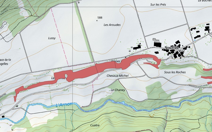 swisstopo national map showing the protected perimeter of Le Chaney (Dry meadow)