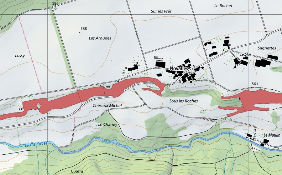 Carte nationale swisstopo avec le périmètre protégé de Le Chaney (Prairie sèche)