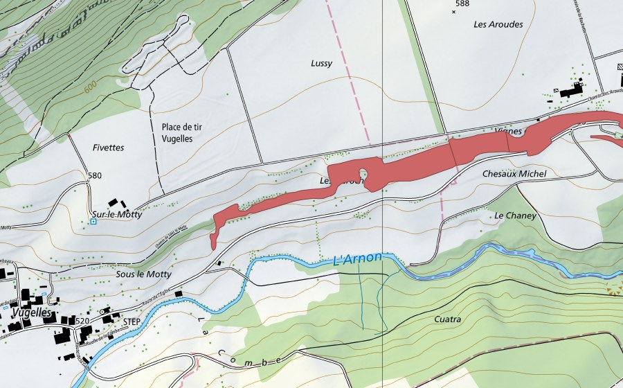 swisstopo national map showing the protected perimeter of Le Chaney (Dry meadow)