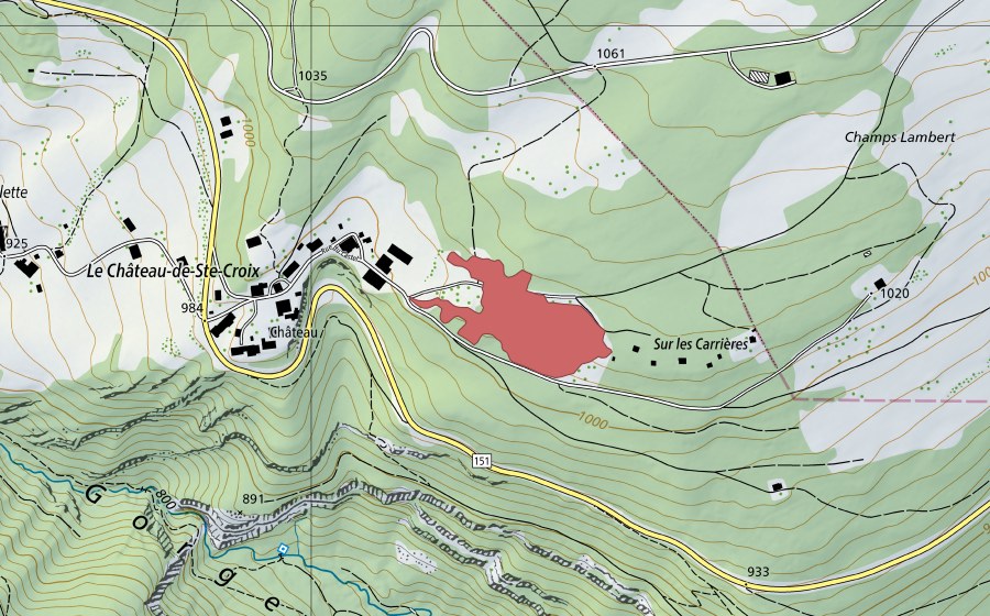 Carte nationale swisstopo avec le périmètre protégé de Le Château de Ste-Croix (Prairie sèche)
