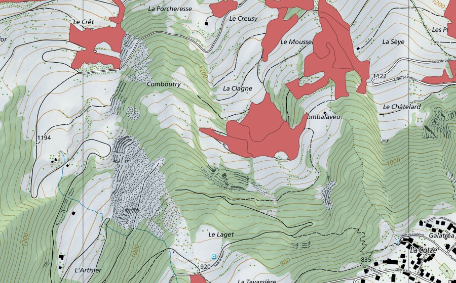 Carte nationale swisstopo avec le périmètre protégé de Le Châtelard (Prairie sèche)