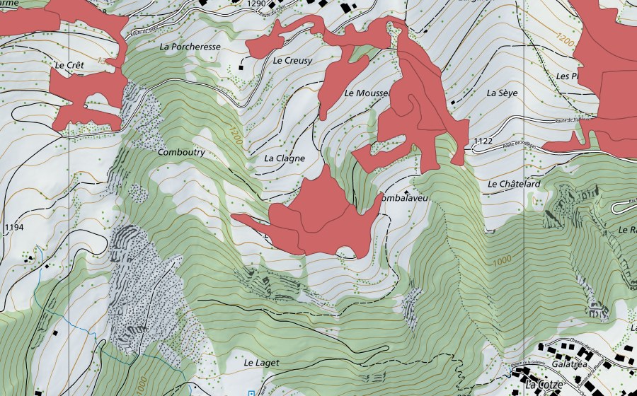Landeskarte swisstopo mit dem Schutzperimeter von Le Châtelard (Trockenwiese)