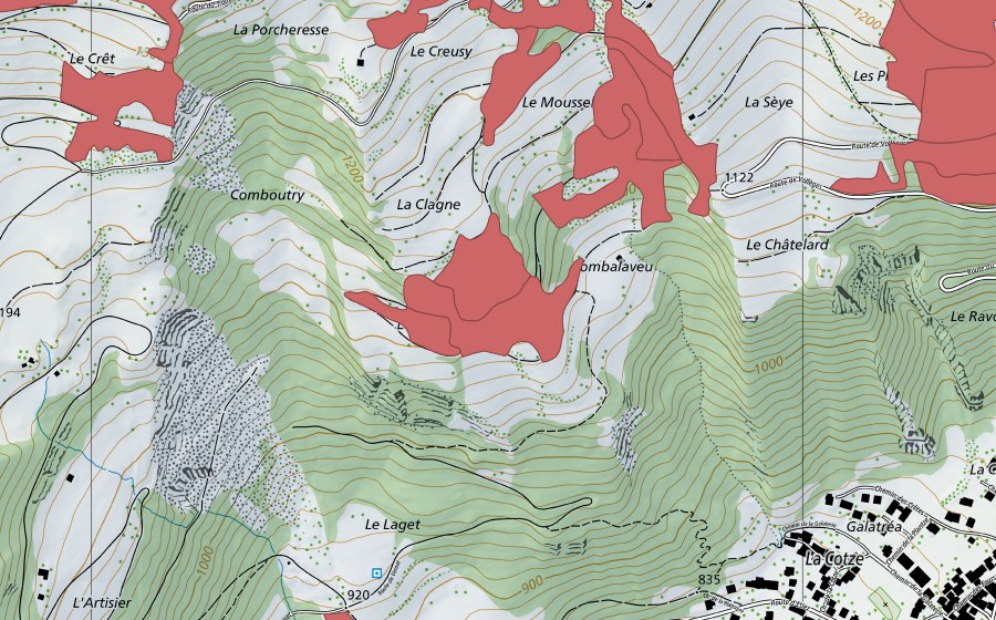 swisstopo national map showing the protected perimeter of Le Châtelard (Dry meadow)