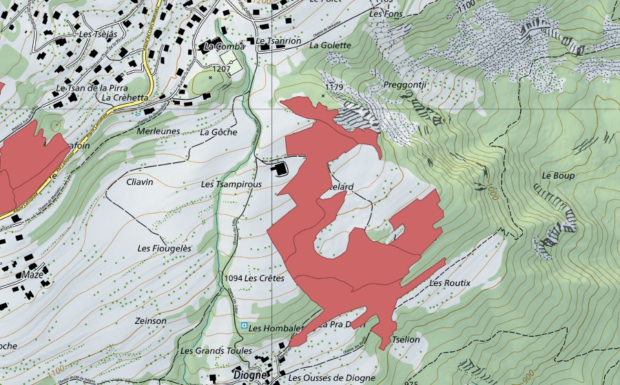 swisstopo national map showing the protected perimeter of Le Châtelard (Dry meadow)