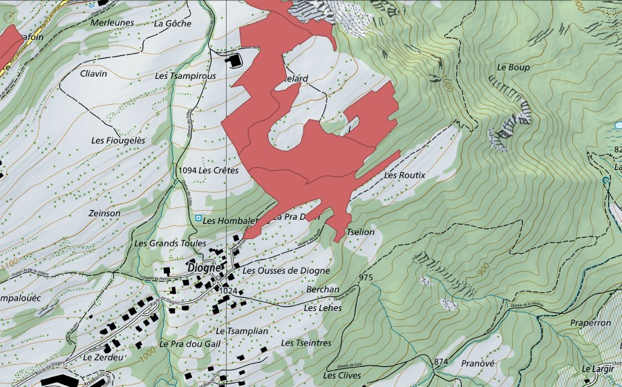 Carta nazionale swisstopo con il perimetro protetto di Le Châtelard (Prato secco)