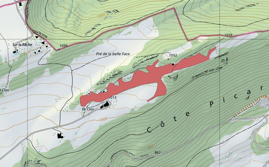 Landeskarte swisstopo mit dem Schutzperimeter von Le Clos (Trockenwiese)
