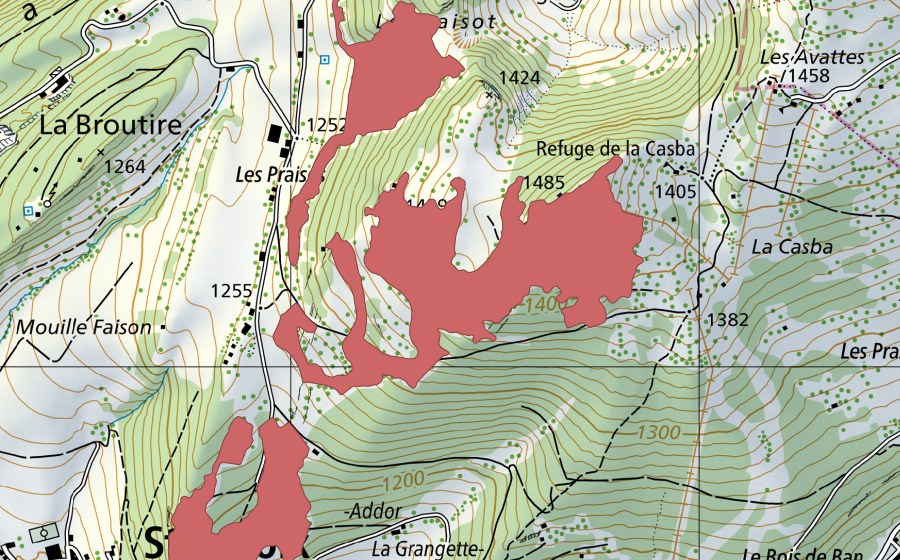 swisstopo national map showing the protected perimeter of Le Cochet (Dry meadow)