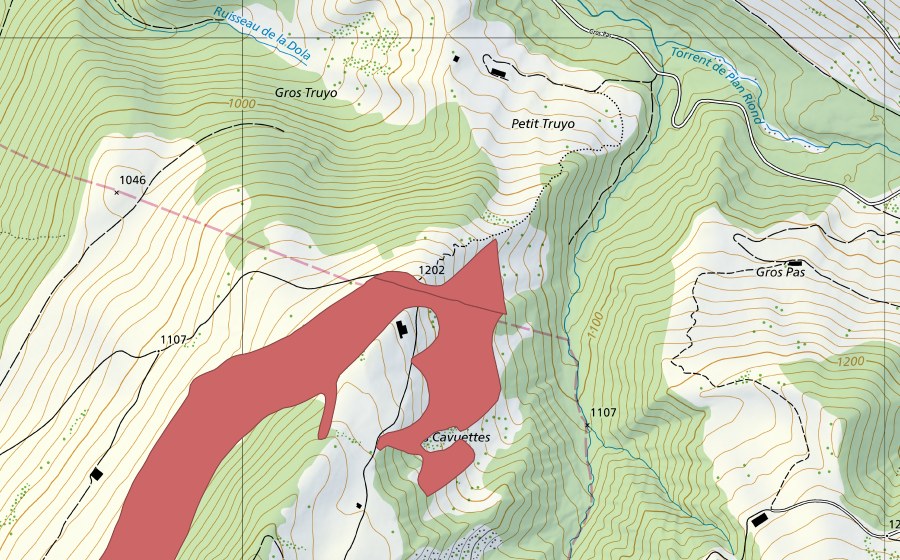 swisstopo national map showing the protected perimeter of Le Coula (Dry meadow)