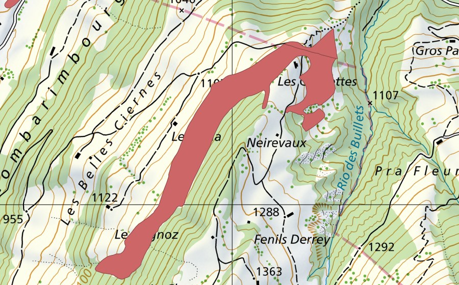 Landeskarte swisstopo mit dem Schutzperimeter von Le Coula (Trockenwiese)