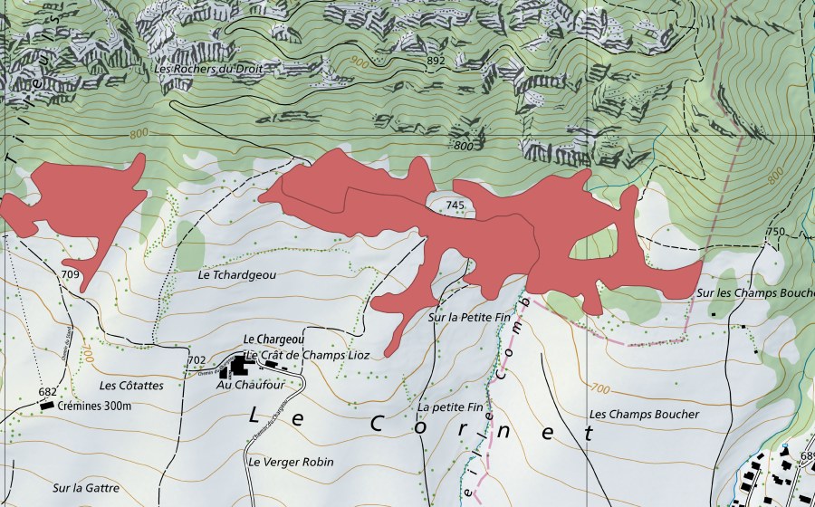 Landeskarte swisstopo mit dem Schutzperimeter von Le Crât (Trockenwiese)