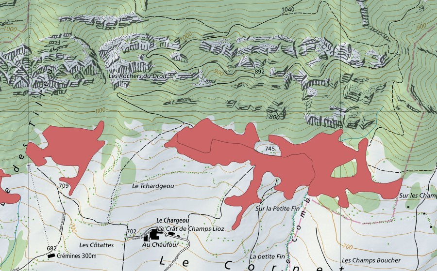 Carte nationale swisstopo avec le périmètre protégé de Le Crât (Prairie sèche)