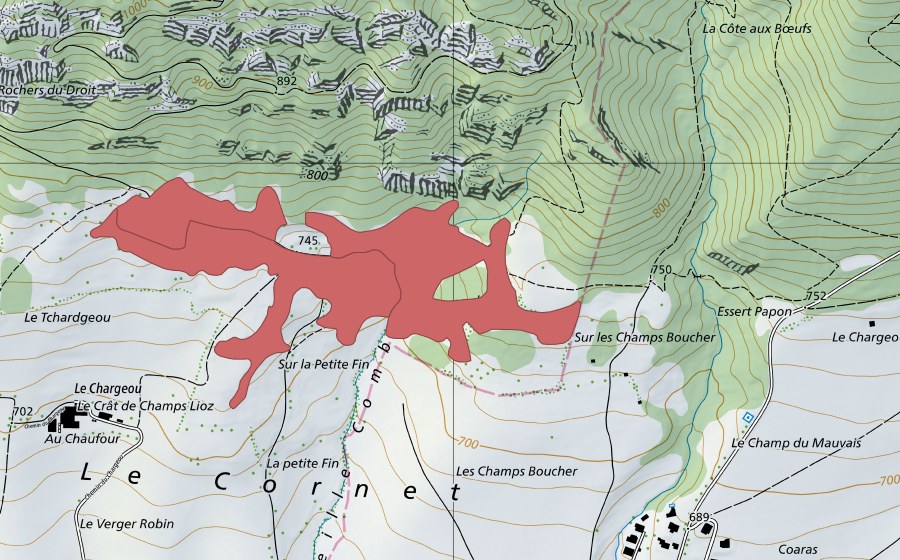 Carte nationale swisstopo avec le périmètre protégé de Le Crât (Prairie sèche)