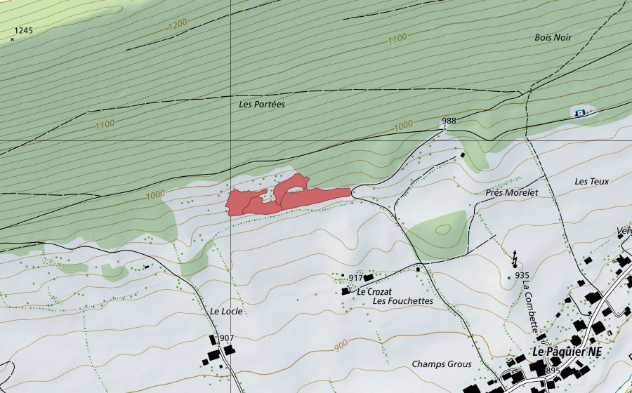 swisstopo national map showing the protected perimeter of Le Crosat (Dry meadow)
