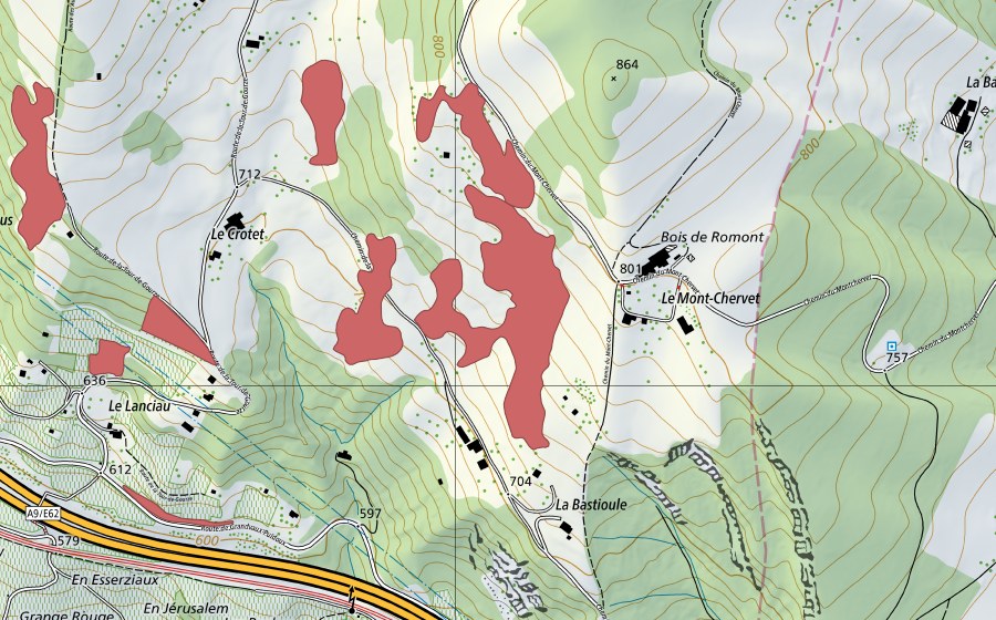Landeskarte swisstopo mit dem Schutzperimeter von Le Crotet (Trockenwiese)