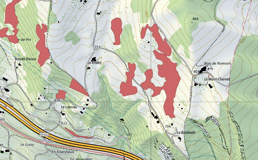 Landeskarte swisstopo mit dem Schutzperimeter von Le Crotet (Trockenwiese)