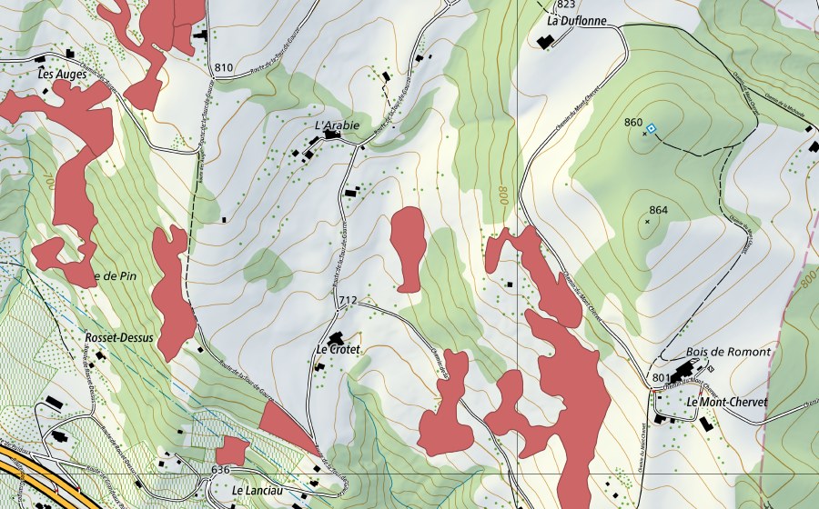 Carte nationale swisstopo avec le périmètre protégé de Le Crotet (Prairie sèche)