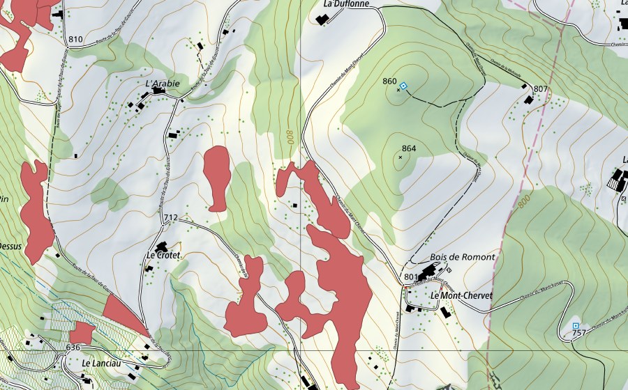 swisstopo national map showing the protected perimeter of Le Crotet (Dry meadow)