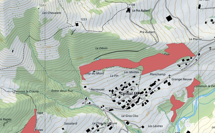 Landeskarte swisstopo mit dem Schutzperimeter von Le Devin (Trockenwiese)