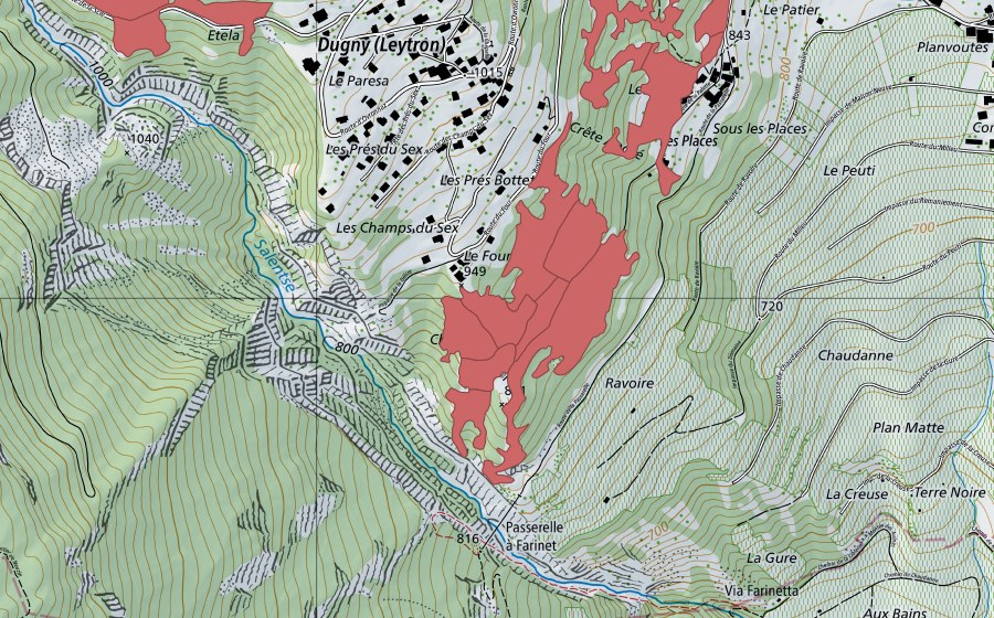 Carte nationale swisstopo avec le périmètre protégé de Le Four (Prairie sèche)