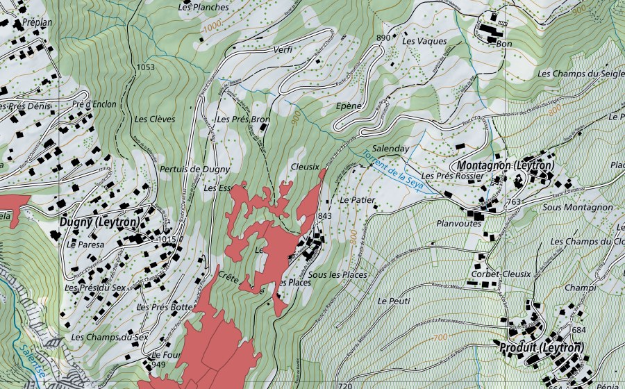 Carte nationale swisstopo avec le périmètre protégé de Le Four (Prairie sèche)