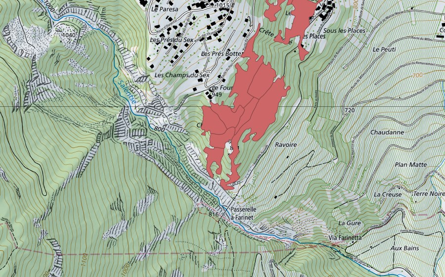 Landeskarte swisstopo mit dem Schutzperimeter von Le Four (Trockenwiese)