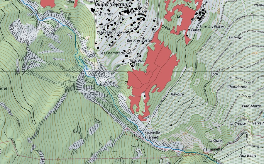 Landeskarte swisstopo mit dem Schutzperimeter von Le Four (Trockenwiese)
