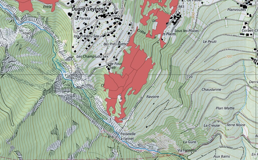 Landeskarte swisstopo mit dem Schutzperimeter von Le Four (Trockenwiese)