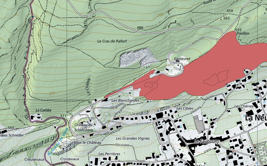 swisstopo national map showing the protected perimeter of Le Gibet (Dry meadow)