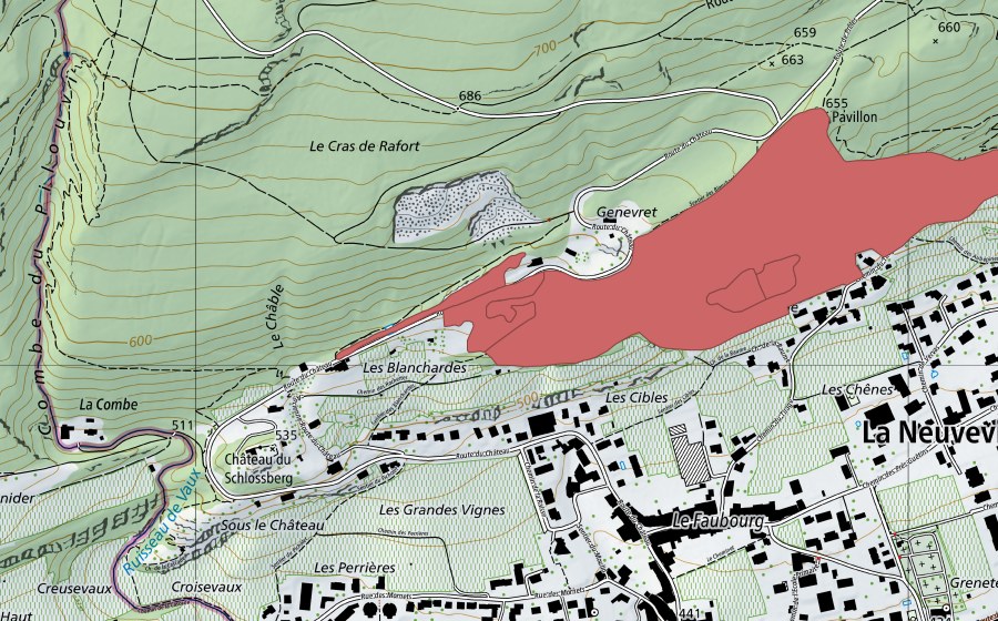 swisstopo national map showing the protected perimeter of Le Gibet (Dry meadow)