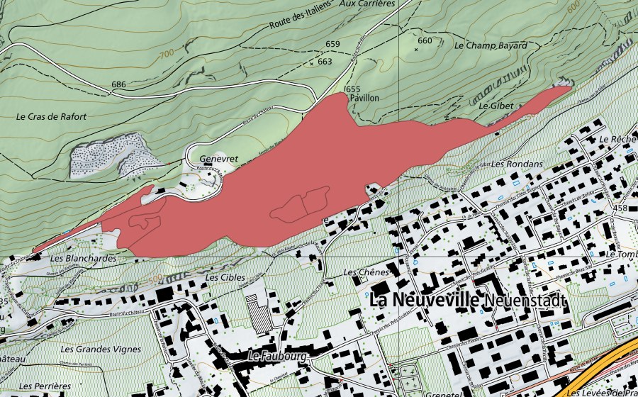 Landeskarte swisstopo mit dem Schutzperimeter von Le Gibet (Trockenwiese)