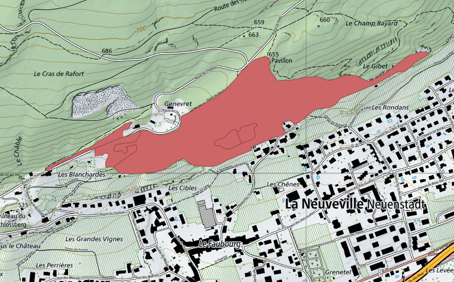 Carte nationale swisstopo avec le périmètre protégé de Le Gibet (Prairie sèche)