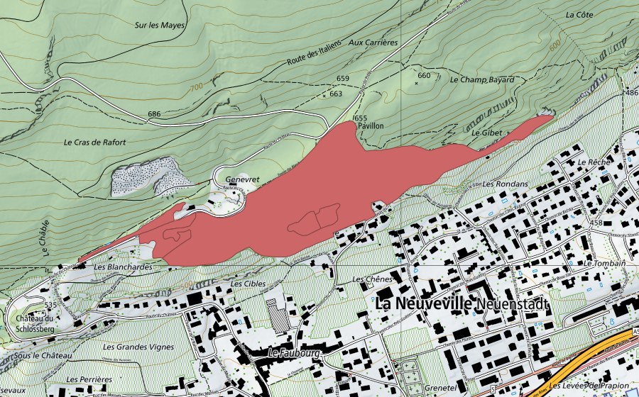 swisstopo national map showing the protected perimeter of Le Gibet (Dry meadow)