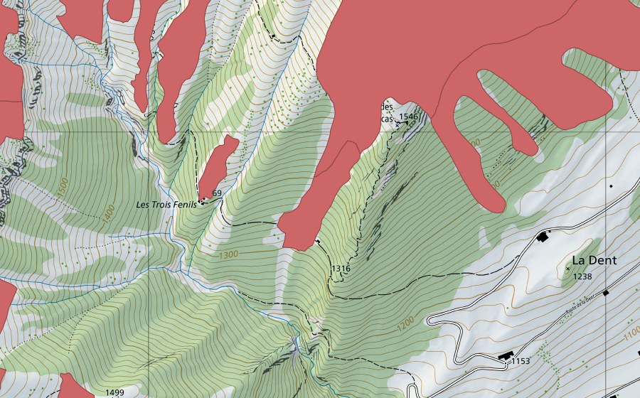 Carte nationale swisstopo avec le périmètre protégé de Le Guenéflin (Prairie sèche)