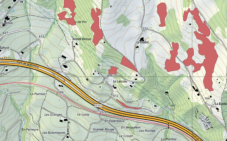 Carte nationale swisstopo avec le périmètre protégé de Le Lanciau (Prairie sèche)