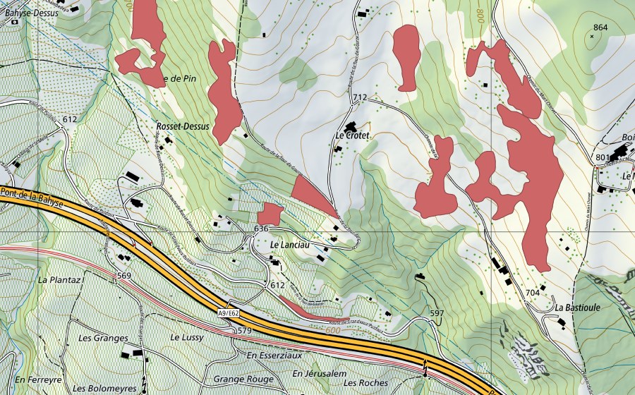 swisstopo national map showing the protected perimeter of Le Lanciau (Dry meadow)