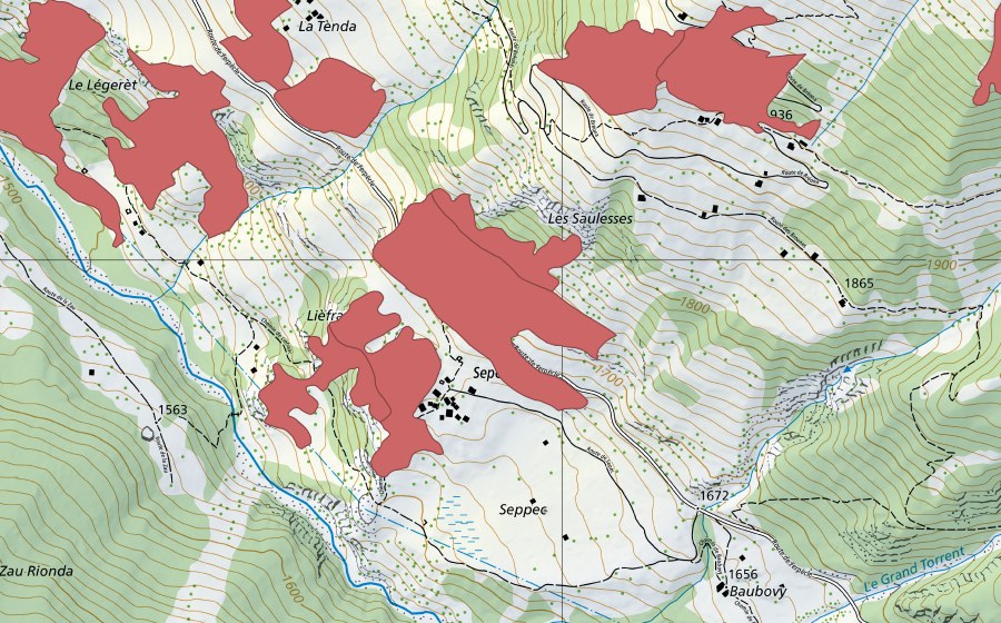 swisstopo national map showing the protected perimeter of Le Légeret (Dry meadow)