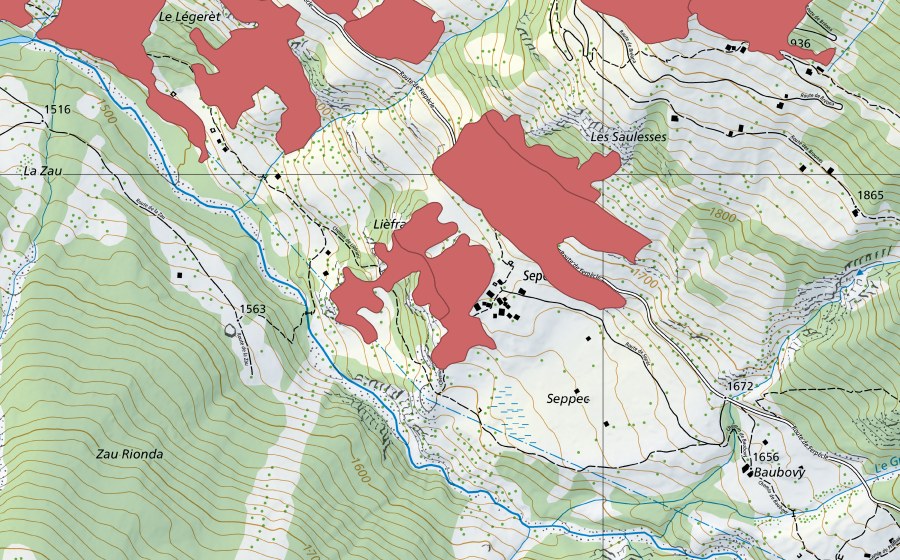 Carte nationale swisstopo avec le périmètre protégé de Le Légeret (Prairie sèche)