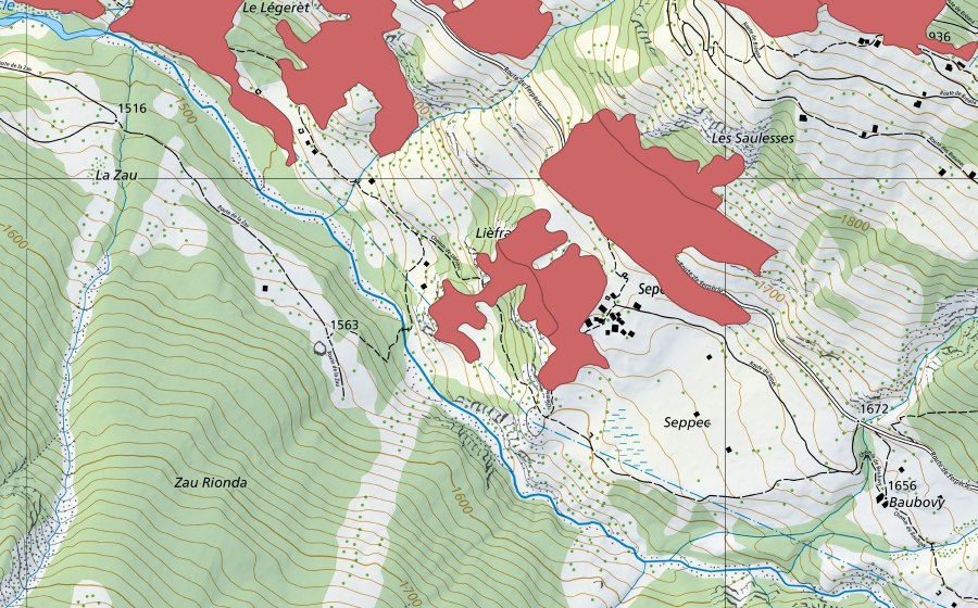 swisstopo national map showing the protected perimeter of Le Légeret (Dry meadow)