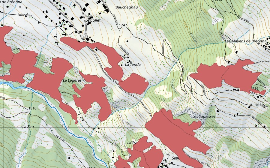 Landeskarte swisstopo mit dem Schutzperimeter von Le Légeret (Trockenwiese)