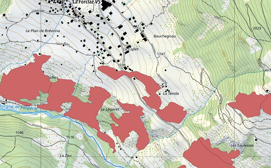 swisstopo national map showing the protected perimeter of Le Légeret (Dry meadow)