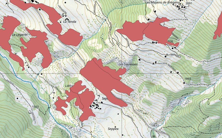 Carte nationale swisstopo avec le périmètre protégé de Le Légeret (Prairie sèche)