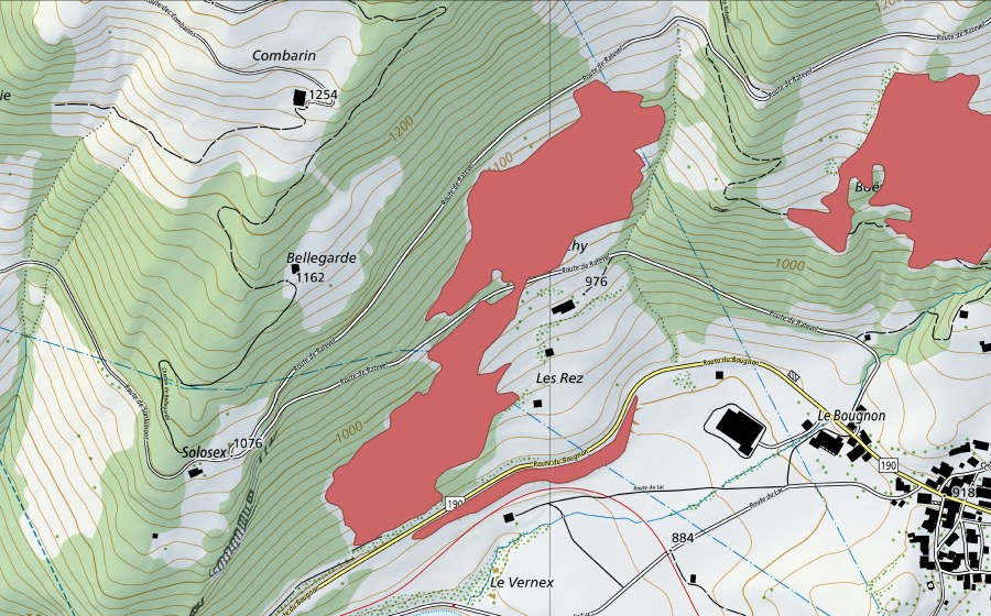 Landeskarte swisstopo mit dem Schutzperimeter von Le Lévanchy (Trockenwiese)
