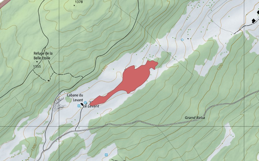 Landeskarte swisstopo mit dem Schutzperimeter von Le Levant (Trockenwiese)