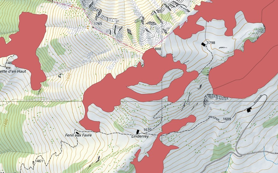 Carte nationale swisstopo avec le périmètre protégé de Le Linderrey (Prairie sèche)