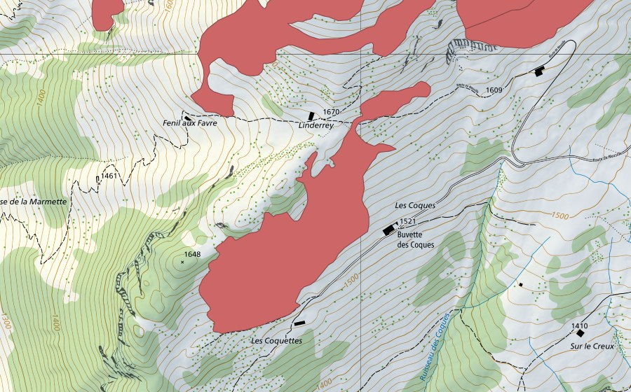 Carte nationale swisstopo avec le périmètre protégé de Le Linderrey (Prairie sèche)