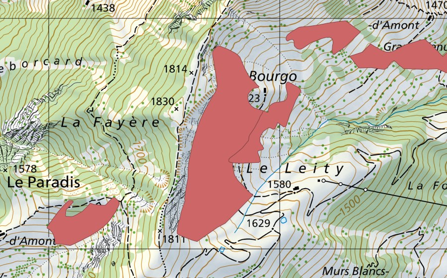Landeskarte swisstopo mit dem Schutzperimeter von Le Liti (Trockenwiese)