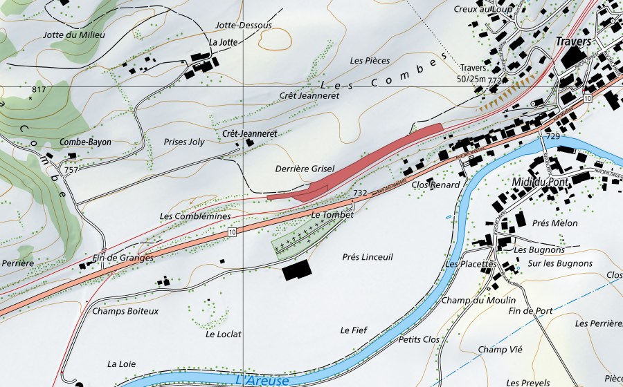 Carte nationale swisstopo avec le périmètre protégé de Le Loclat (Prairie sèche)