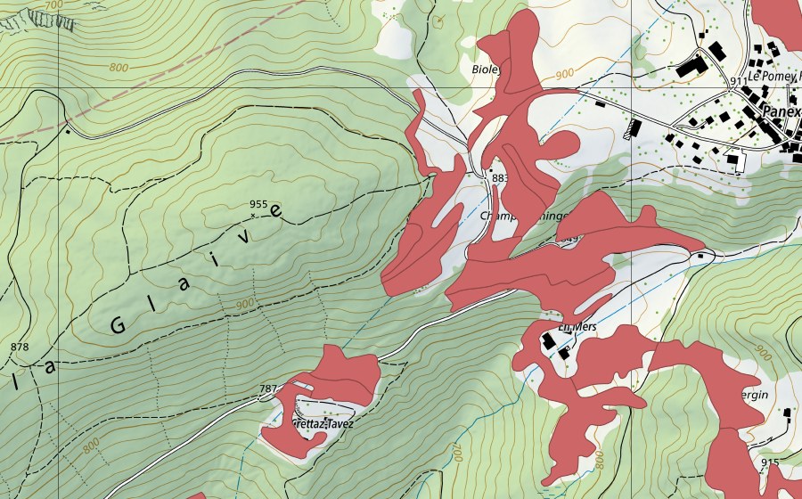 Landeskarte swisstopo mit dem Schutzperimeter von Le Marais (Trockenwiese)