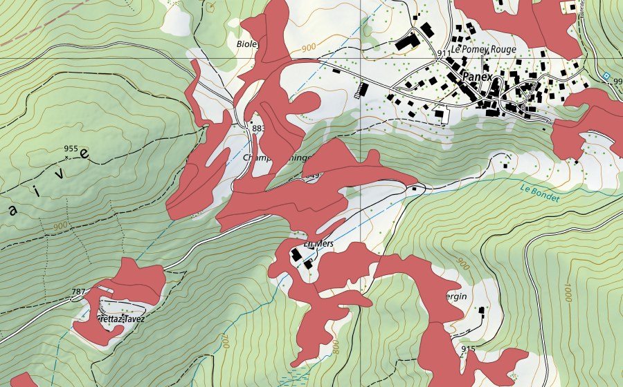 swisstopo national map showing the protected perimeter of Le Marais (Dry meadow)