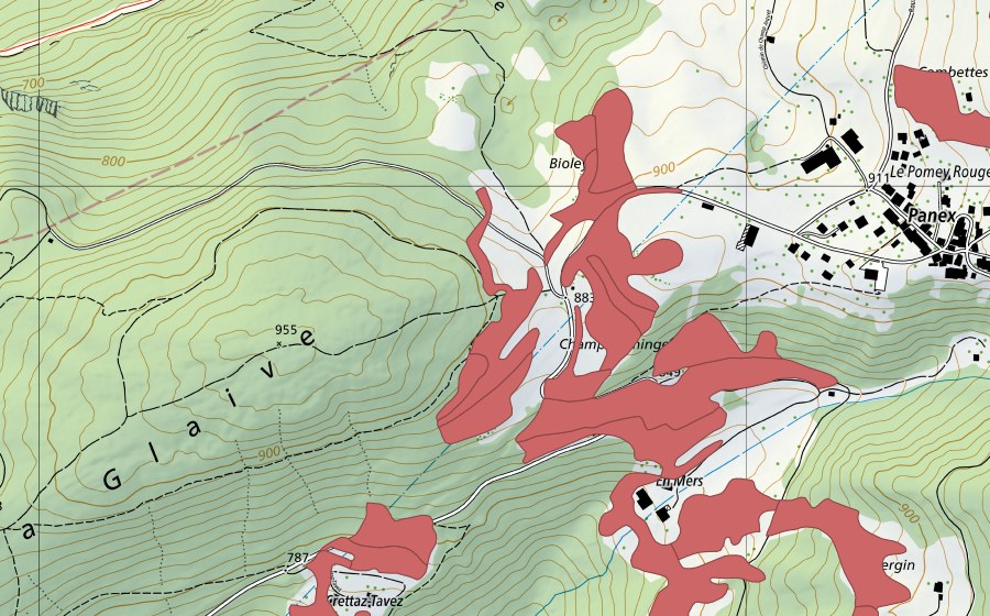 Landeskarte swisstopo mit dem Schutzperimeter von Le Marais (Trockenwiese)